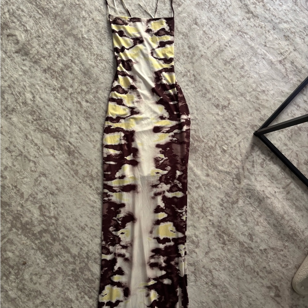Bershka Cream and Brown Tie-Dye Maxi Dress